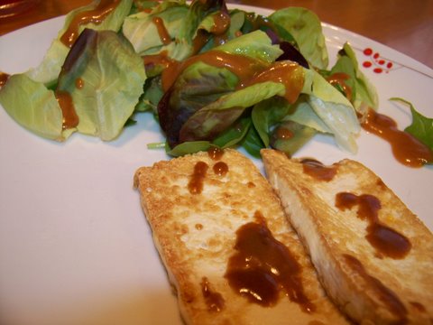 Fried Tofu and Greens with Peanut Dressing